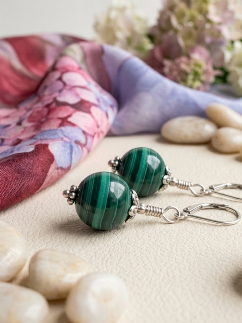 Artisan Genuine Malachite Leverback Earrings Sterling Silver Hand Cut NWT - Picture 9 of 11